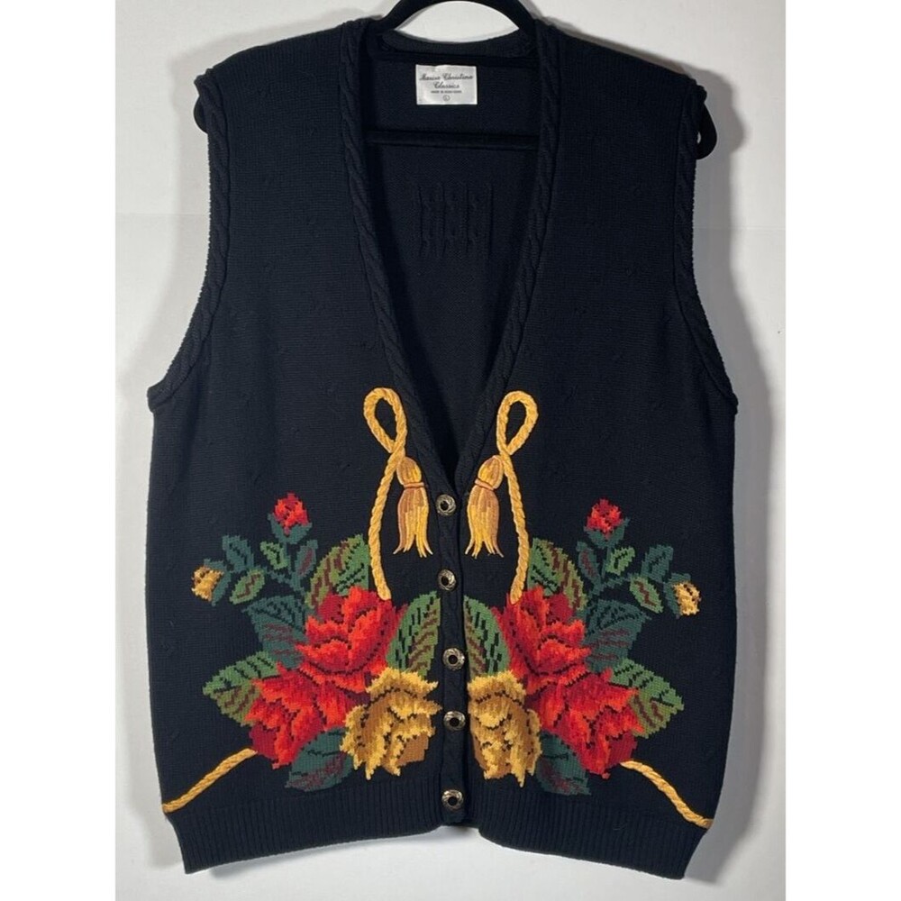 Marisa Christina LARGE VINTAGE Floral Black Sweater Vest Granny Christmas